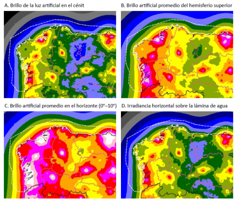 Ejemplo de cómo afecta la contaminación lumínica costera a la ZEPA ES0000554 Corredor Migratorio Galaico-Cantábrico Occidental